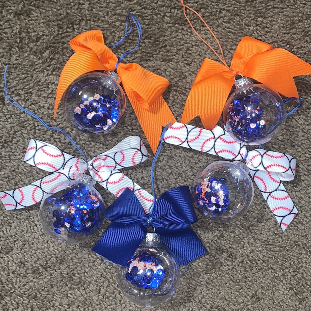 Christmas Ornaments. Blue and orange.Baseball themed.
